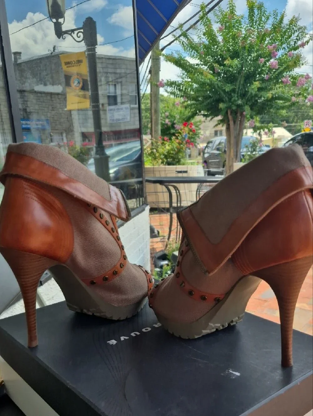 Trouve Tan and Brown Studded Peep-Toe Stiletto Booties